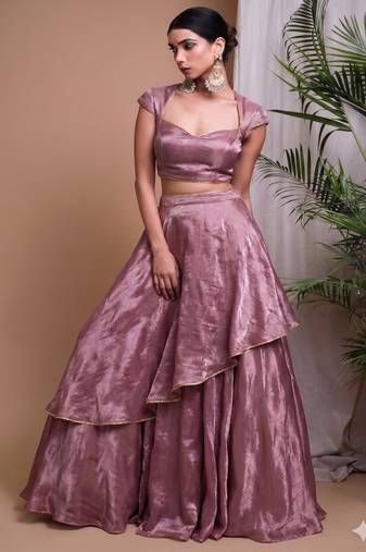 pink draped partywear lehenga with sweetheart neck blouse