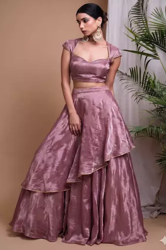 pink draped partywear lehenga with sweetheart neck blouse