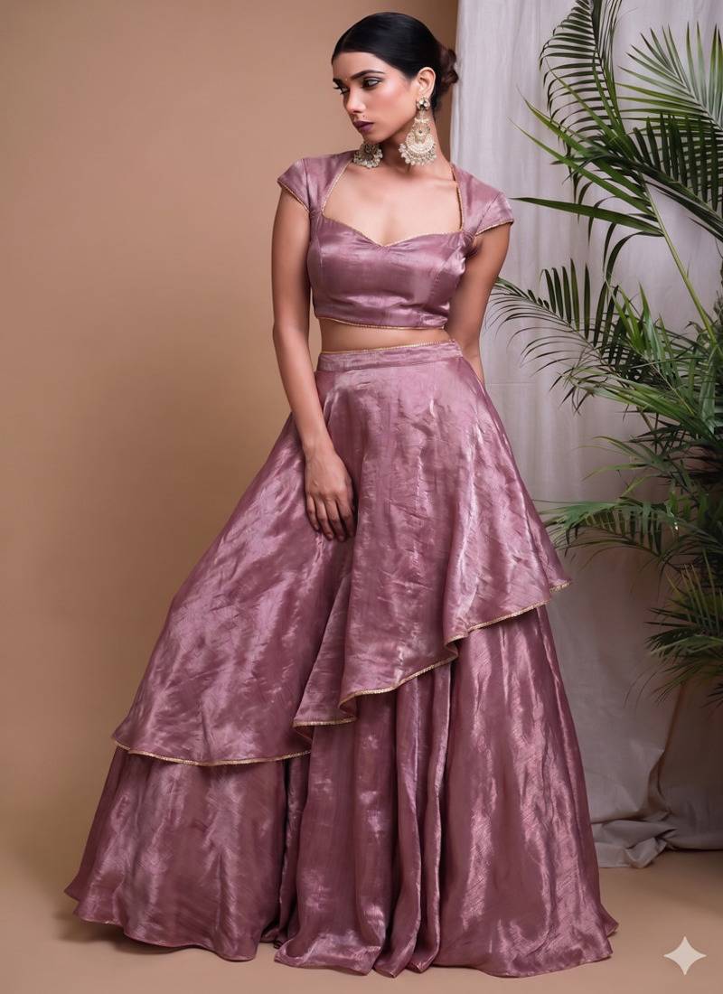Pink Draped Lehenga with Sweetheart Neck Blouse
