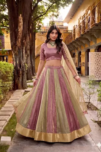 pink and light green traditional kali  lehenga with lace work