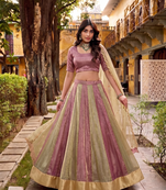 pink and light green traditional kali  lehenga with lace work