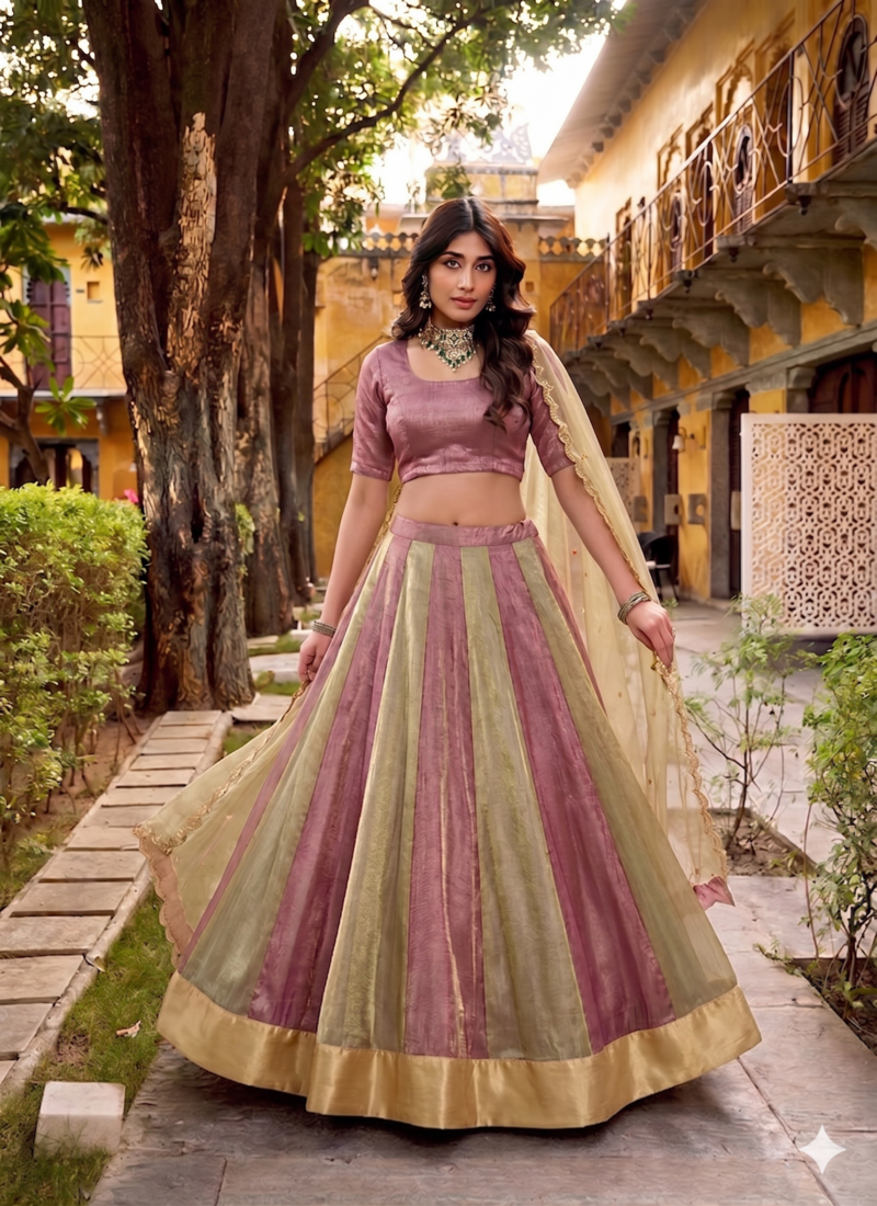 Pink & Light Green Petals With Lace Work Circular Lehenga with Round Neck Blouse