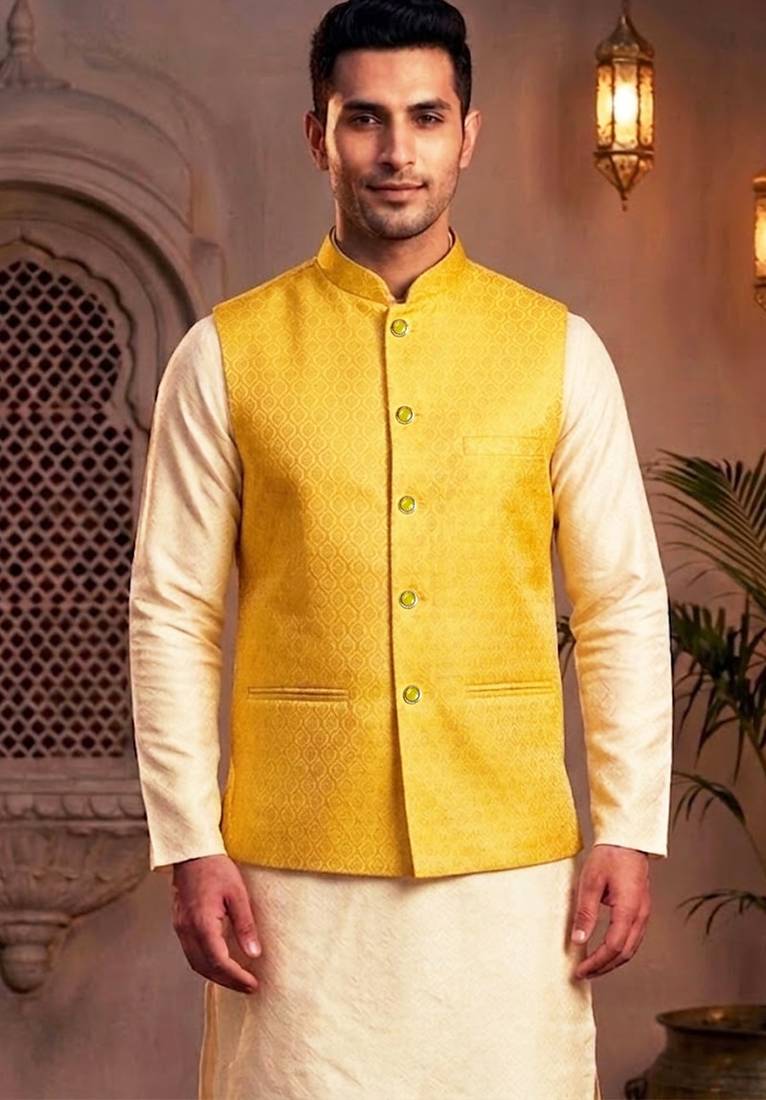 Men’s elegant yellow jacquard nehru jacket