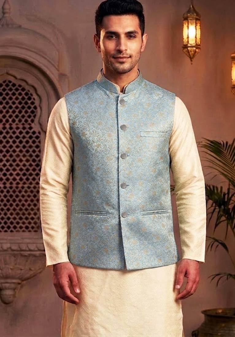 Men’s elegant sky blue jacquard nehru jacket