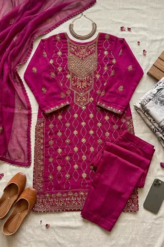 Rani pink faux georgette embroidered trouser set