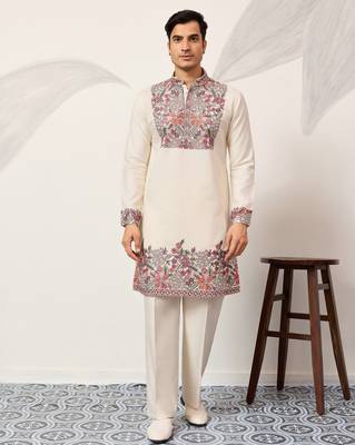 White viscose silk multi color thread with sequence embroidered work kurta bottom 1