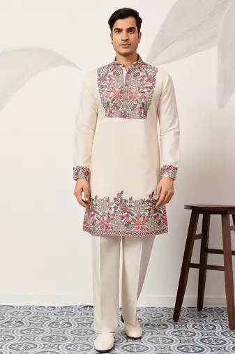 White viscose silk multi color thread with sequence embroidered work kurta bottom
