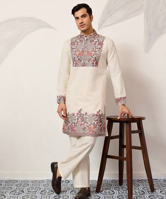 White viscose silk multi color thread with sequence embroidered work kurta bottom 2