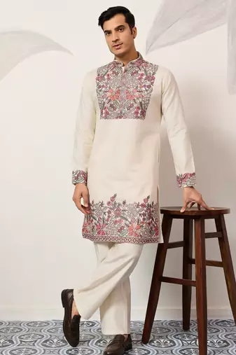 White viscose silk multi color thread with sequence embroidered work kurta bottom