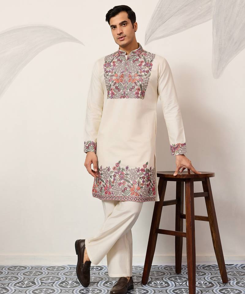White viscose silk multi color thread with sequence embroidered work kurta bottom