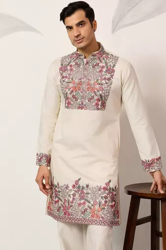 White viscose silk multi color thread with sequence embroidered work kurta bottom