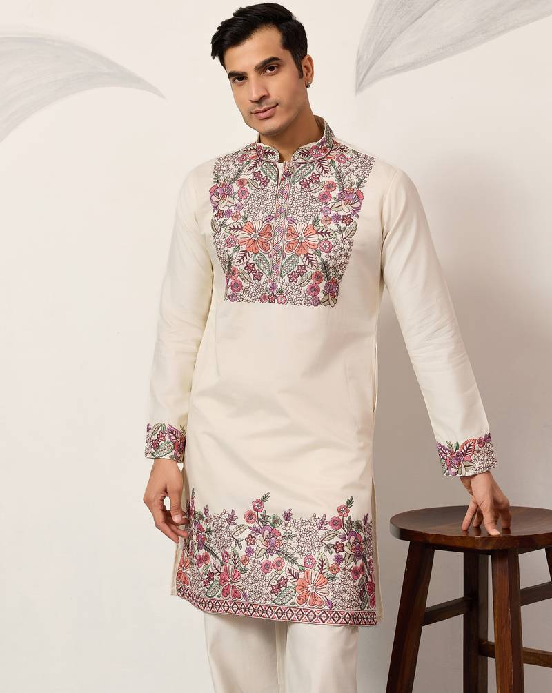 White viscose silk multi color thread with sequence embroidered work kurta bottom