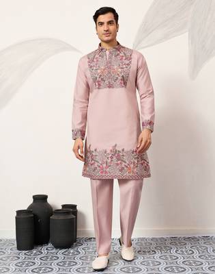 Dusty pink viscose silk multi color thread with sequence embroidered work kurta bottom 1