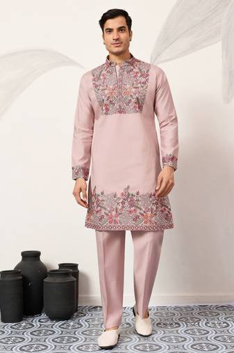 Dusty pink viscose silk multi color thread with sequence embroidered work kurta bottom