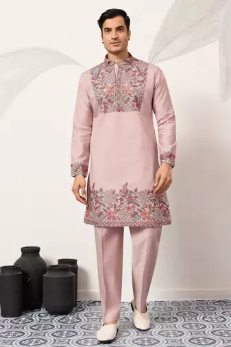Dusty pink viscose silk multi color thread with sequence embroidered work kurta bottom