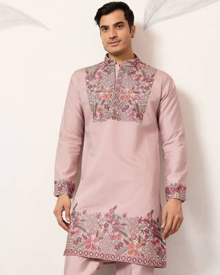 Dusty pink viscose silk multi color thread with sequence embroidered work kurta bottom 2