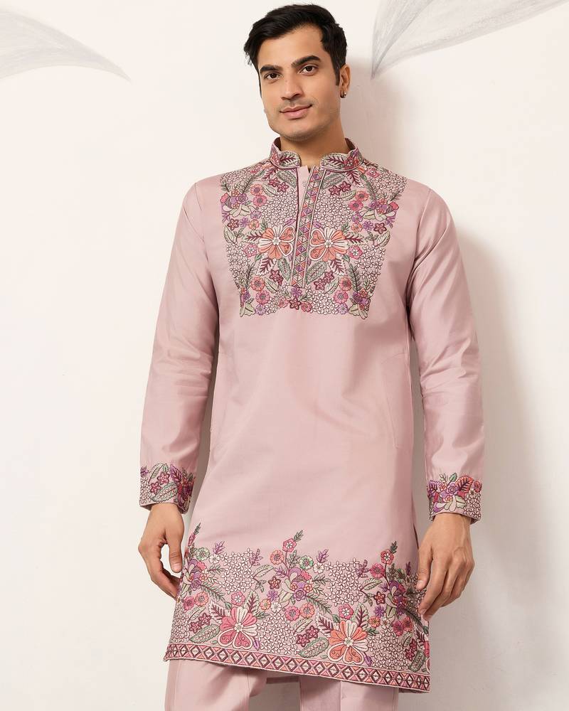 Dusty pink viscose silk multi color thread with sequence embroidered work kurta bottom
