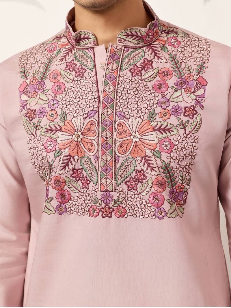 Dusty pink viscose silk multi color thread with sequence embroidered work kurta bottom