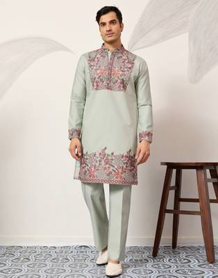 Pistachio viscose silk multi color thread with sequence embroidered work kurta bottom 1