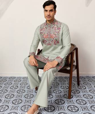 Pistachio viscose silk multi color thread with sequence embroidered work kurta bottom 2