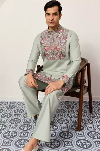 Pistachio viscose silk multi color thread with sequence embroidered work kurta bottom