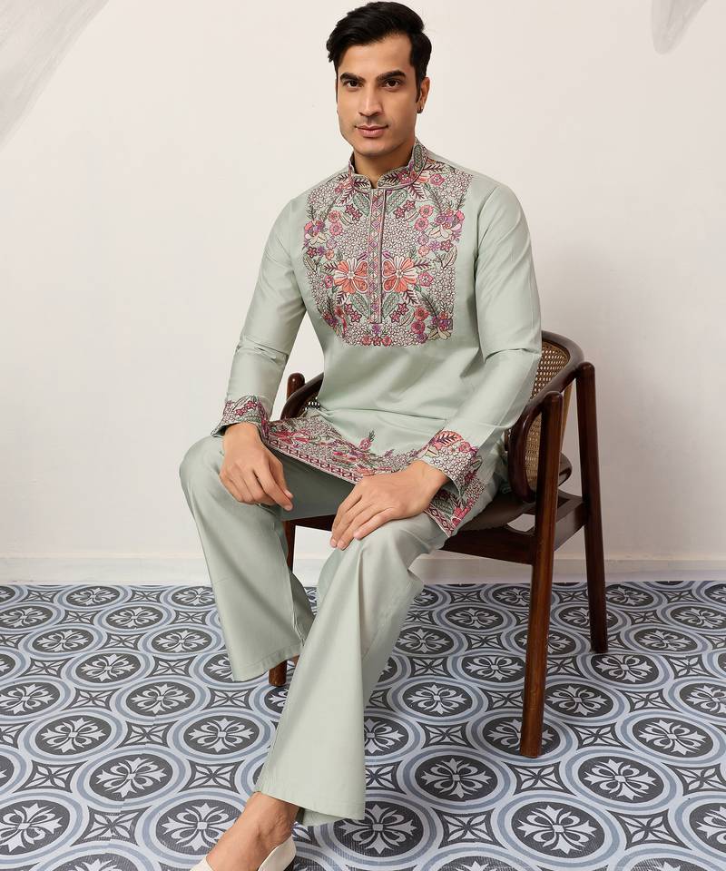 Pistachio viscose silk multi color thread with sequence embroidered work kurta bottom