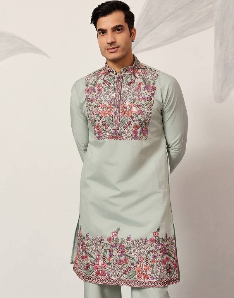 Pistachio viscose silk multi color thread with sequence embroidered work kurta bottom