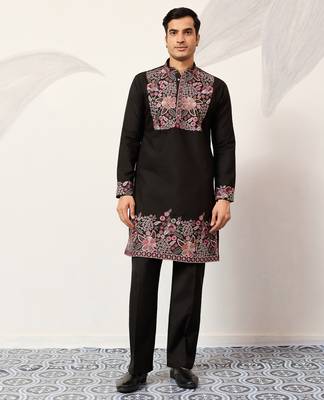 Black viscose silk multi color thread with sequence embroidered work kurta bottom 1