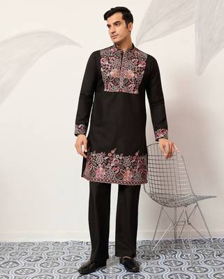 Black viscose silk multi color thread with sequence embroidered work kurta bottom 2