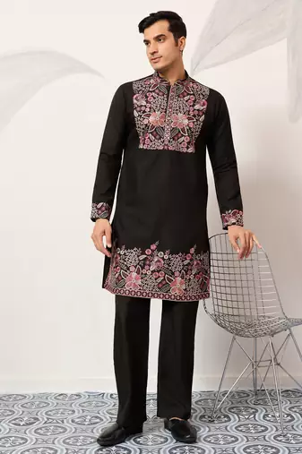 Black viscose silk multi color thread with sequence embroidered work kurta bottom