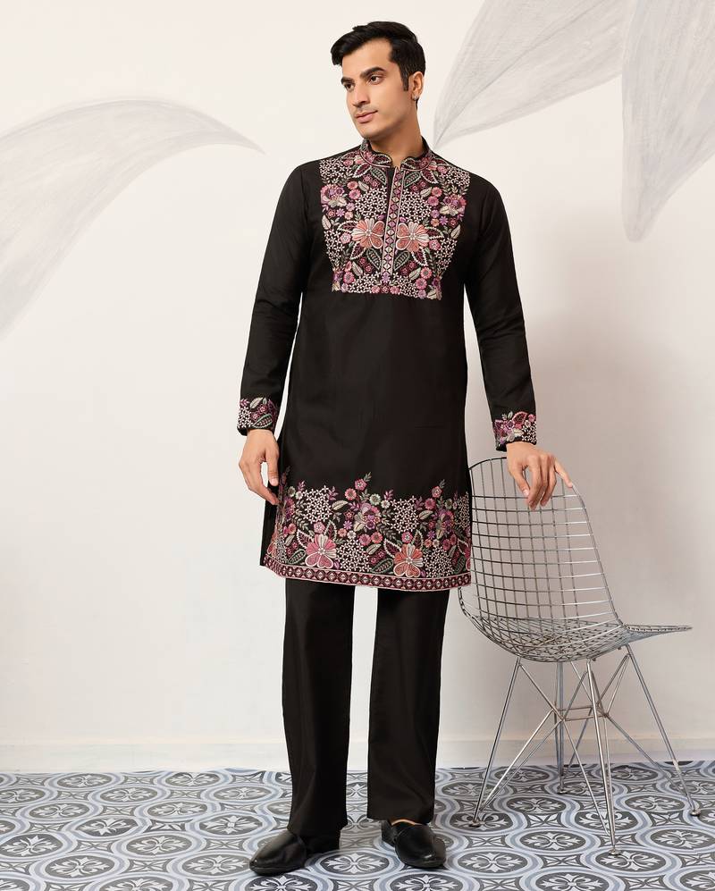 Black viscose silk multi color thread with sequence embroidered work kurta bottom