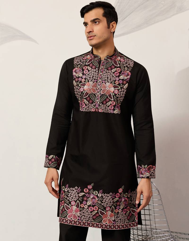Black viscose silk multi color thread with sequence embroidered work kurta bottom