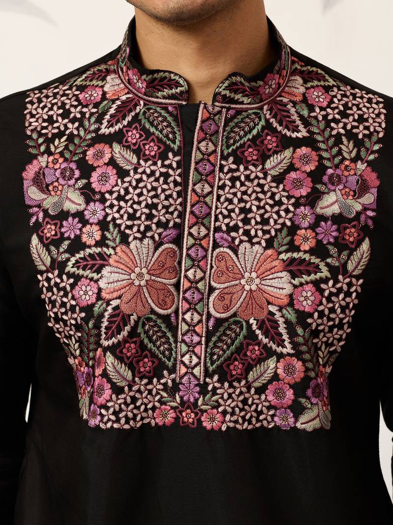 Black viscose silk multi color thread with sequence embroidered work kurta bottom