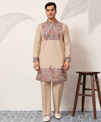 Beige viscose silk multi color thread with sequence embroidered work kurta bottom 1
