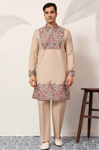Beige viscose silk multi color thread with sequence embroidered work kurta bottom