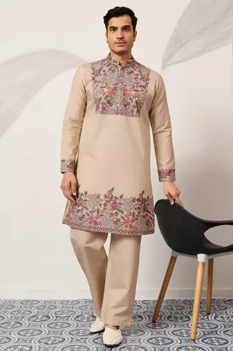 Beige viscose silk multi color thread with sequence embroidered work kurta bottom