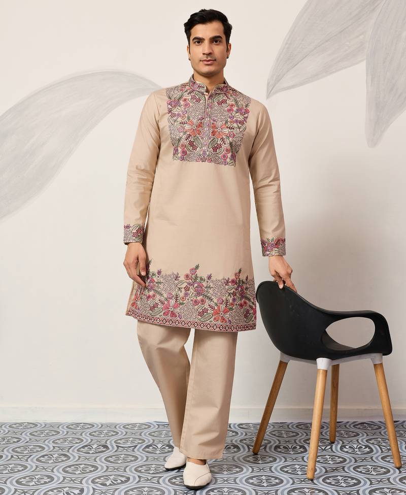 Beige viscose silk multi color thread with sequence embroidered work kurta bottom