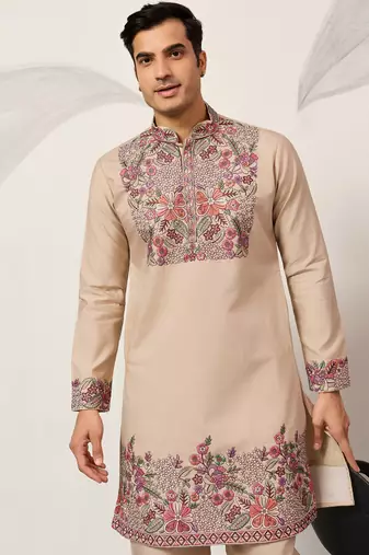 Beige viscose silk multi color thread with sequence embroidered work kurta bottom