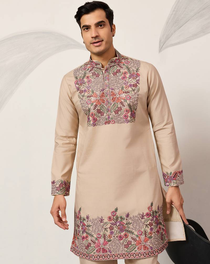 Beige viscose silk multi color thread with sequence embroidered work kurta bottom