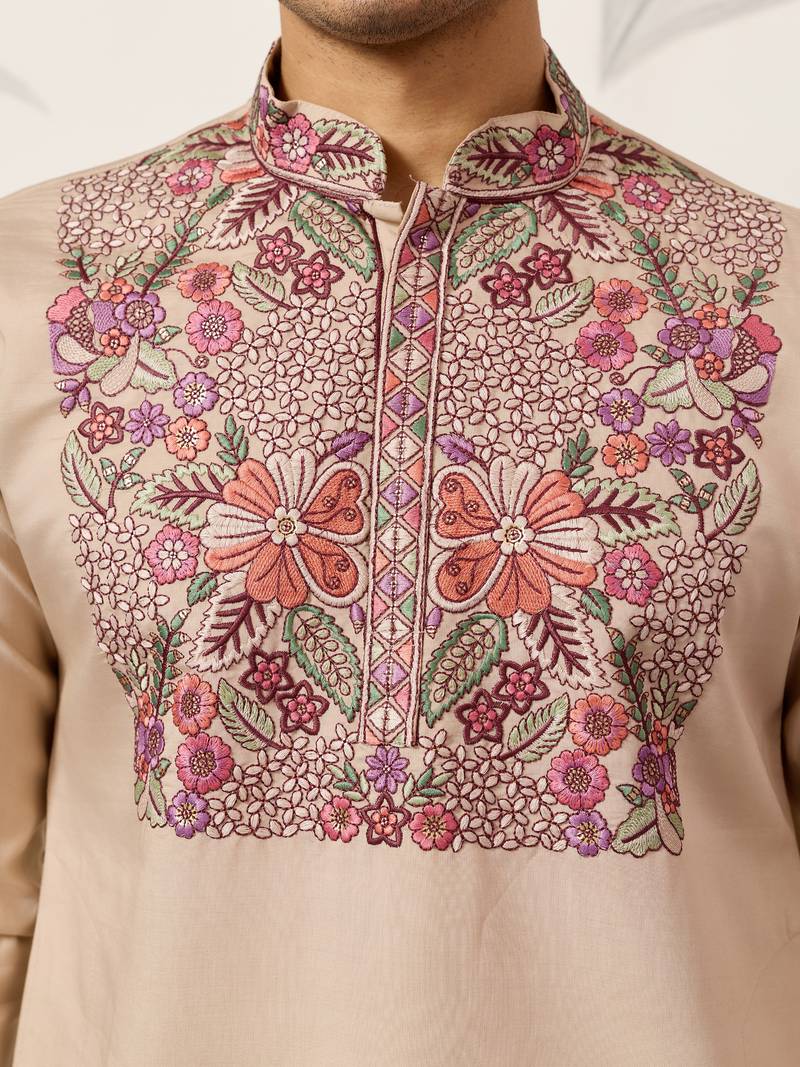 Beige viscose silk multi color thread with sequence embroidered work kurta bottom
