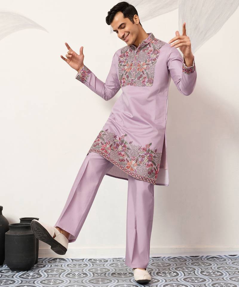 Lavender viscose silk multi color thread with sequence embroidered work kurta bottom