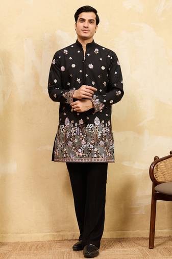 Black viscose silk multi thread & sequence embroidered work kurta