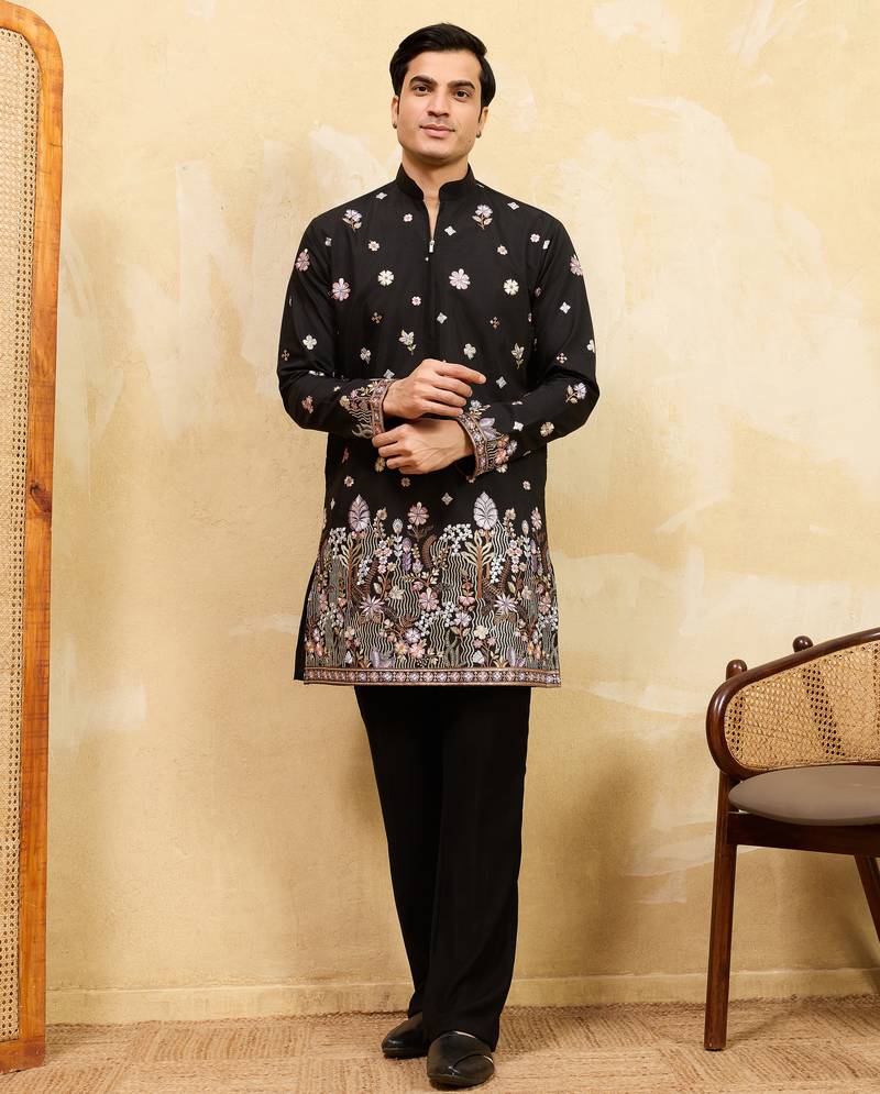 Black viscose silk multi thread & sequence embroidered work kurta