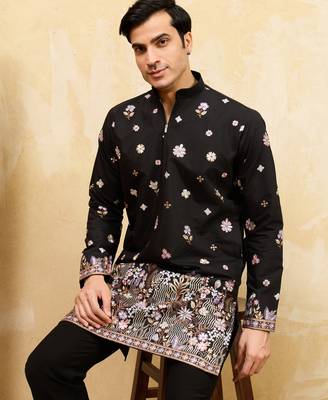 Black viscose silk multi thread & sequence embroidered work kurta 2