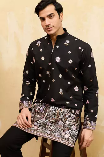 Black viscose silk multi thread & sequence embroidered work kurta