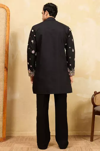 Black viscose silk multi thread & sequence embroidered work kurta