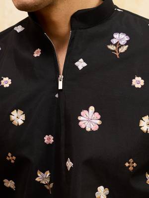 Black viscose silk multi thread & sequence embroidered work kurta 4