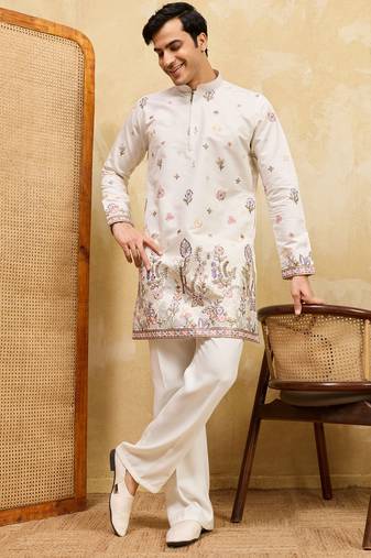 White viscose silk multi thread & sequence embroidered work kurta