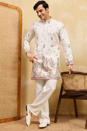 White viscose silk multi thread & sequence embroidered work kurta