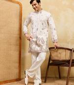 White viscose silk multi thread & sequence embroidered work kurta